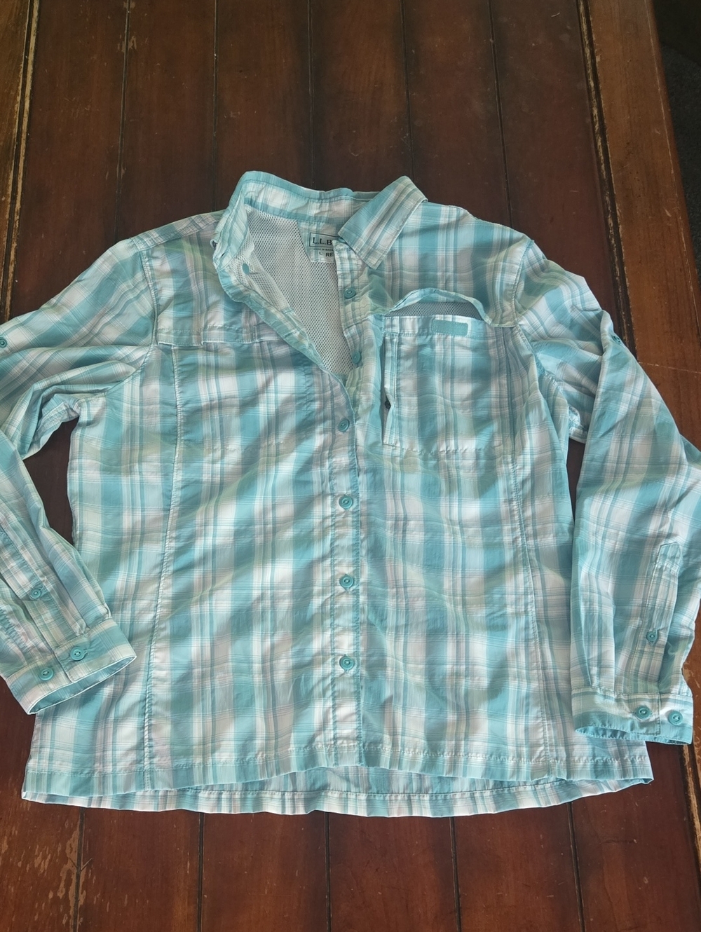 L.L. Bean Teal and White Plaid Button-Down Shirt